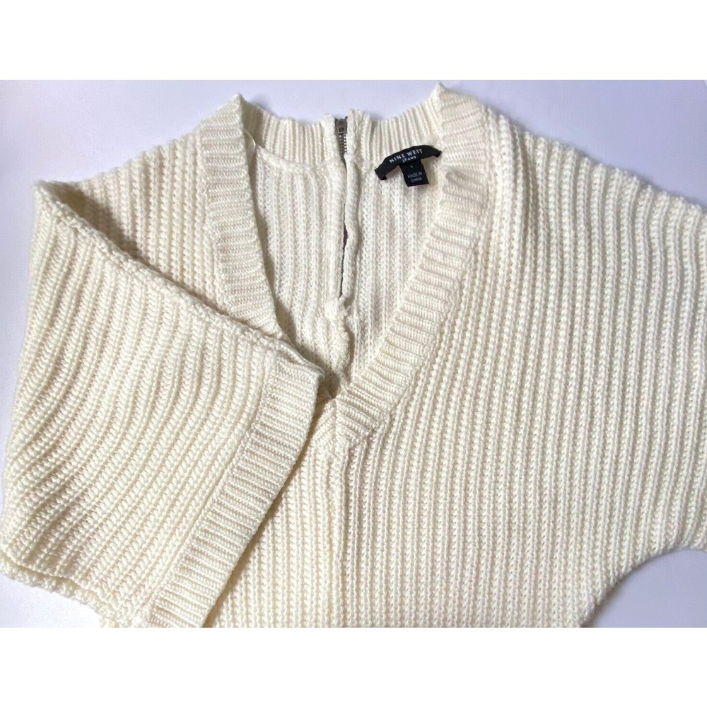 Nine West Jeans Sweater Womens Large Cream Cable Knit V Neck Dolman 3/4 Sleeves - Picture 8 of 11